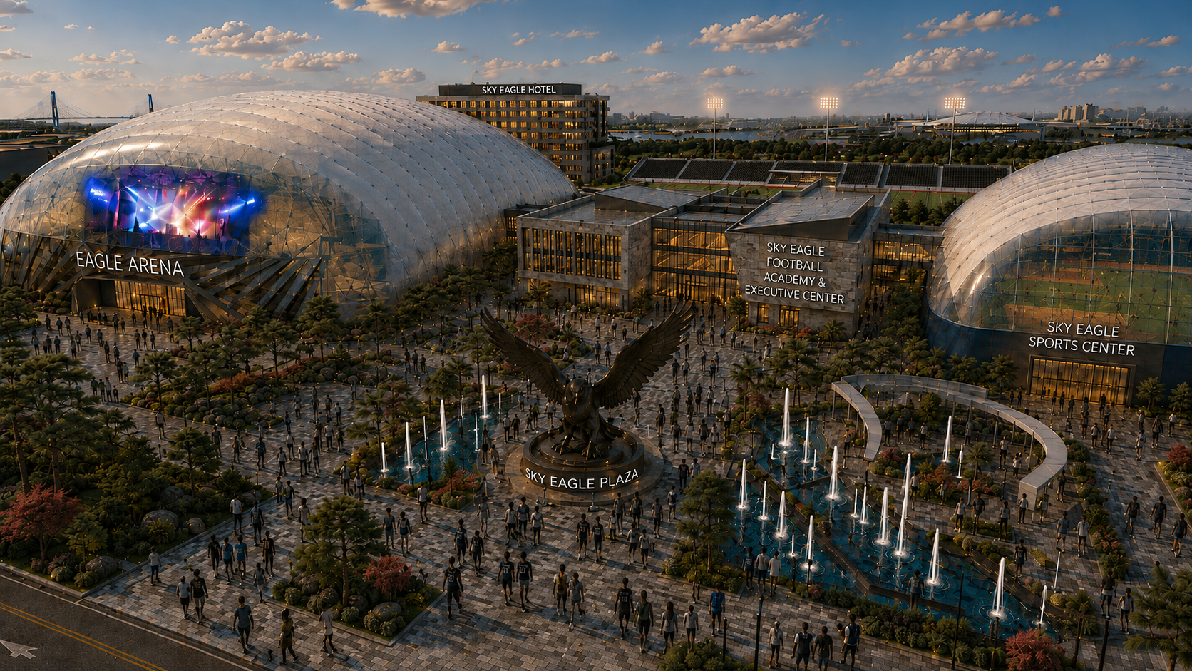 Conceptual dusk rendering of the Sky Eagle campus