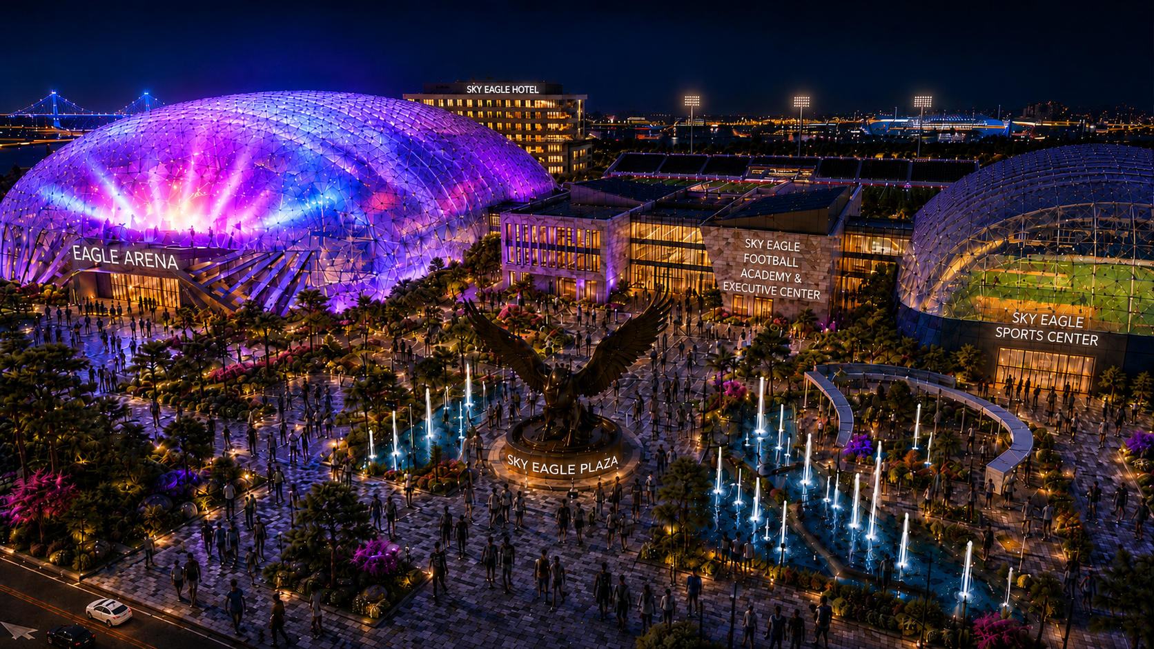 Conceptual night rendering of Sky Eagle entertainment and campus activity